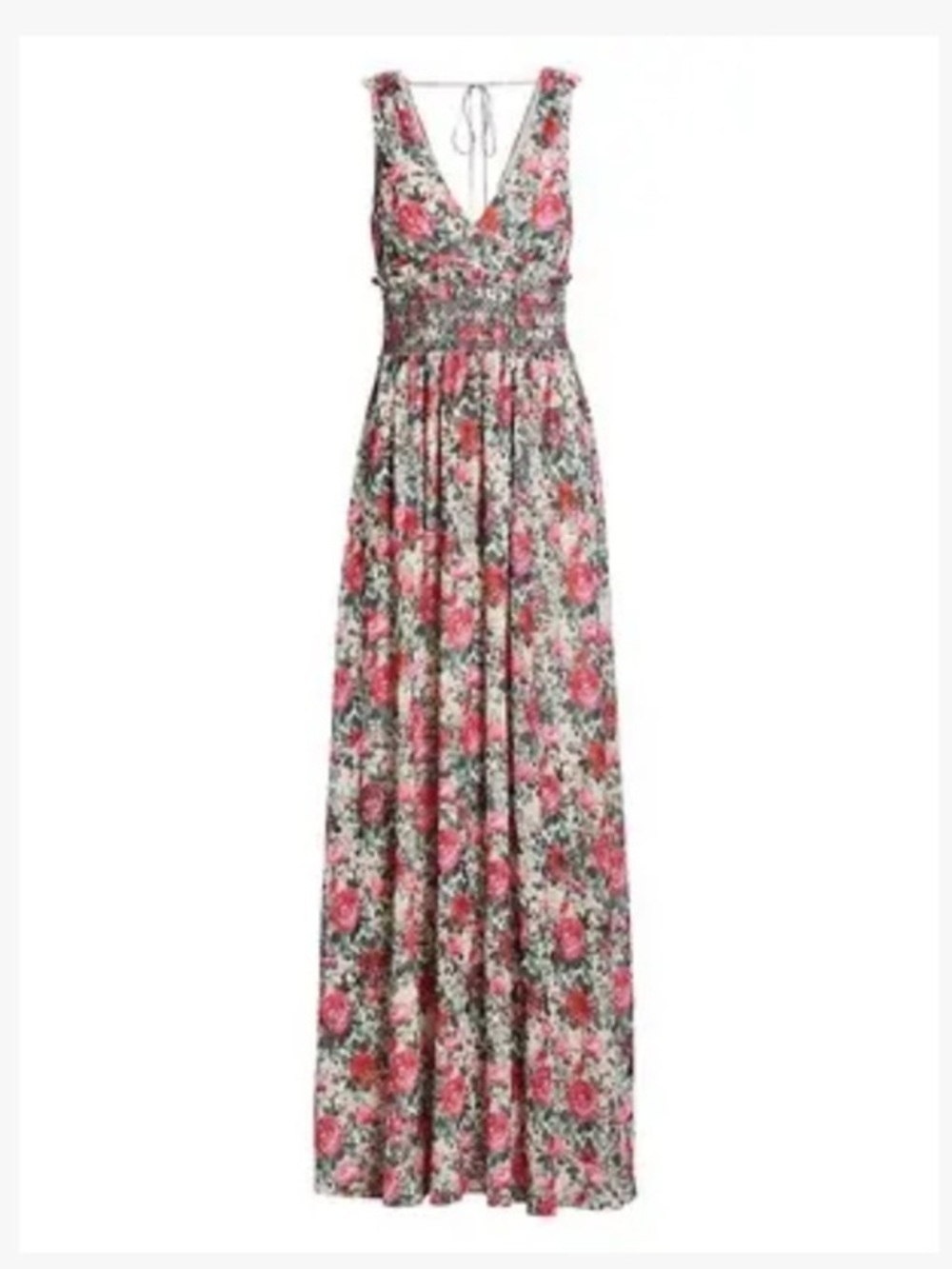 ML MONIQUE LHUILLIER  Smocked Floral Chiffon Maxi Dress In Vermilion Size 6